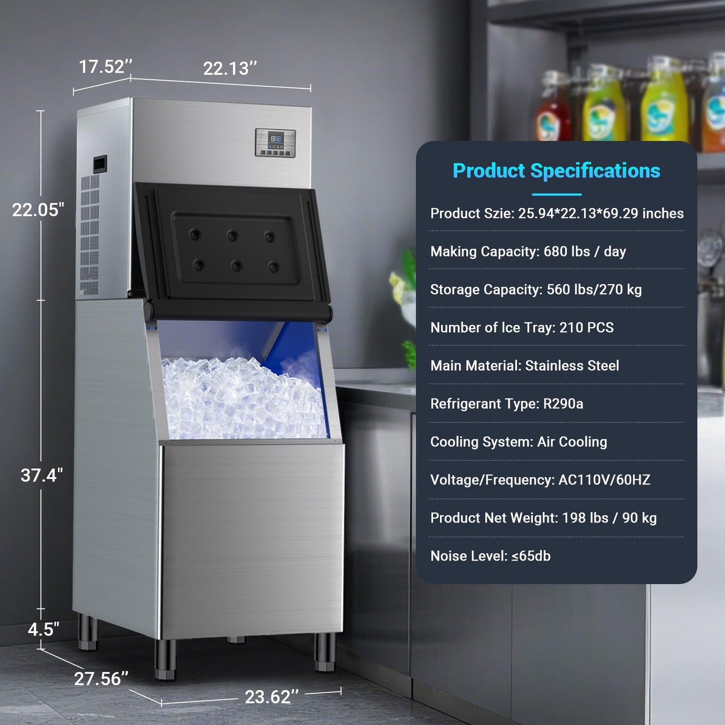 Commercial Ice Maker, 680 LBS/24h with 560 LBS Storage Bin, 210 Ice Cubes Ready in 5-15 min, Stainless Steel & Self Cleaning Industrial Ice Machine Perfect for Bar Restaurant Cafe
