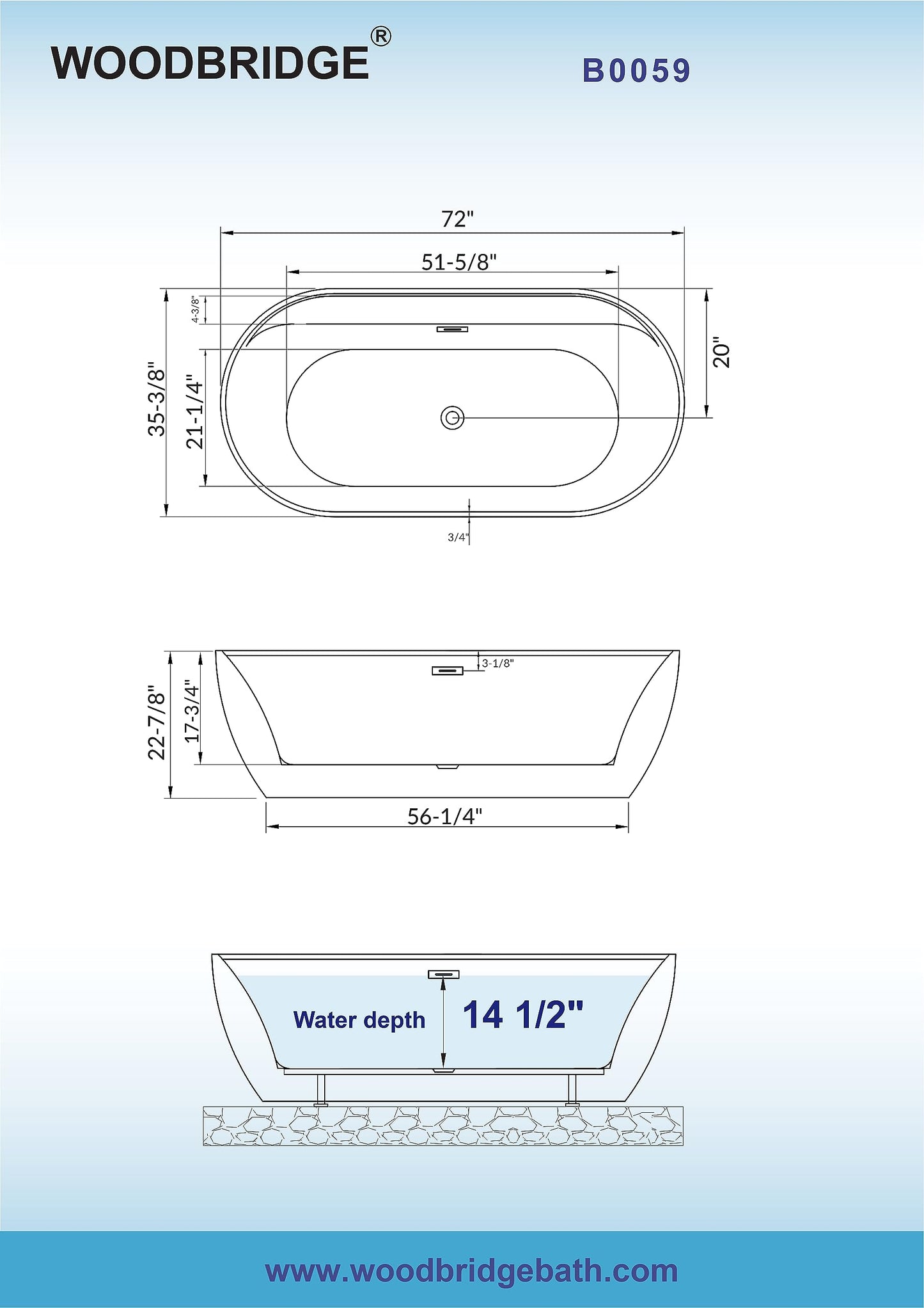 WOODBRIDGE 72" Acrylic Freestanding Bathtub Contemporary Soaking White Tub with Brushed Gold Overflow and Drain,B0059-BG
