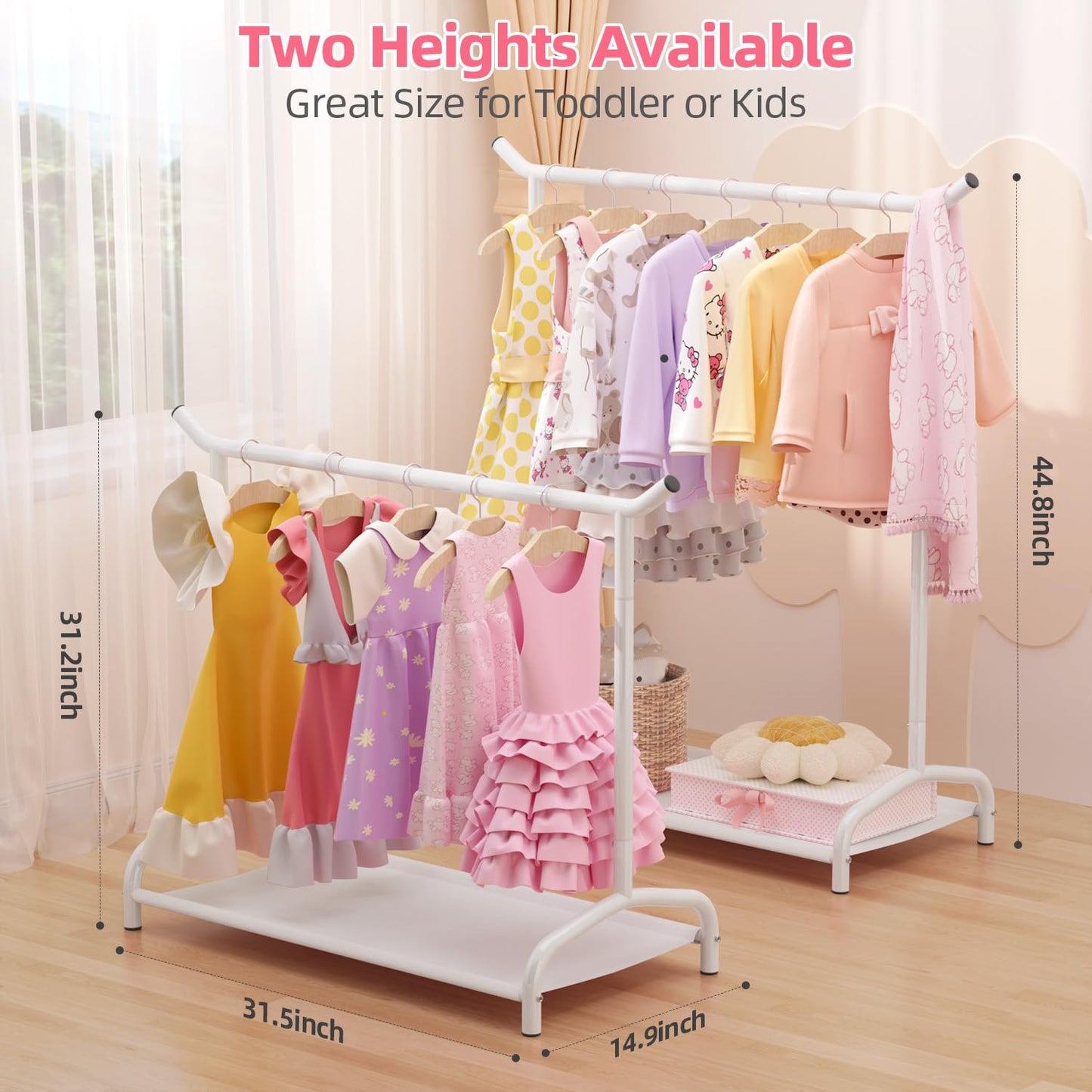 EAGMAK Kids Clothing Rack, Baby Clothes Rack with Bottom Storage Shelf, Kids Dress Up Rack for Little Girls, Metal Coat Rack Toddler Closet Organizer, Costume Garment Rack for Hanging Clothes (White)