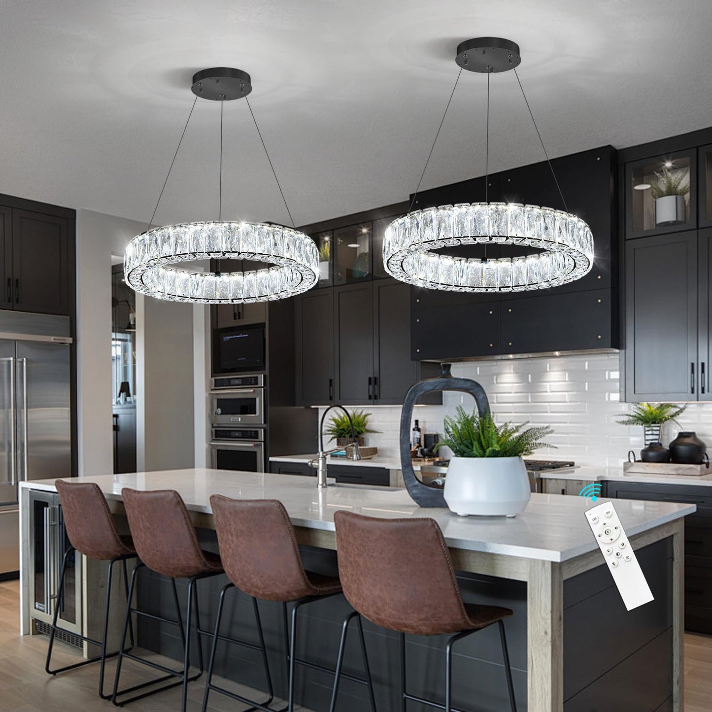 HAIXIANG Modern Crystal Chandelier Dimmable LED 16 Inch Ring Pendant Lights Adjustable Glam Chandeliers Lighting Fixtures for Dining Room Living Room Bedroom Black Light