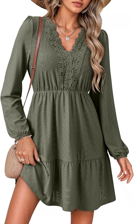 Dokotoo Spring Dresses for Women 2026 Elegant Lace Hollow Out Embroidered V Neck Long Sleeve Casual A-Line Swing Mini Dress