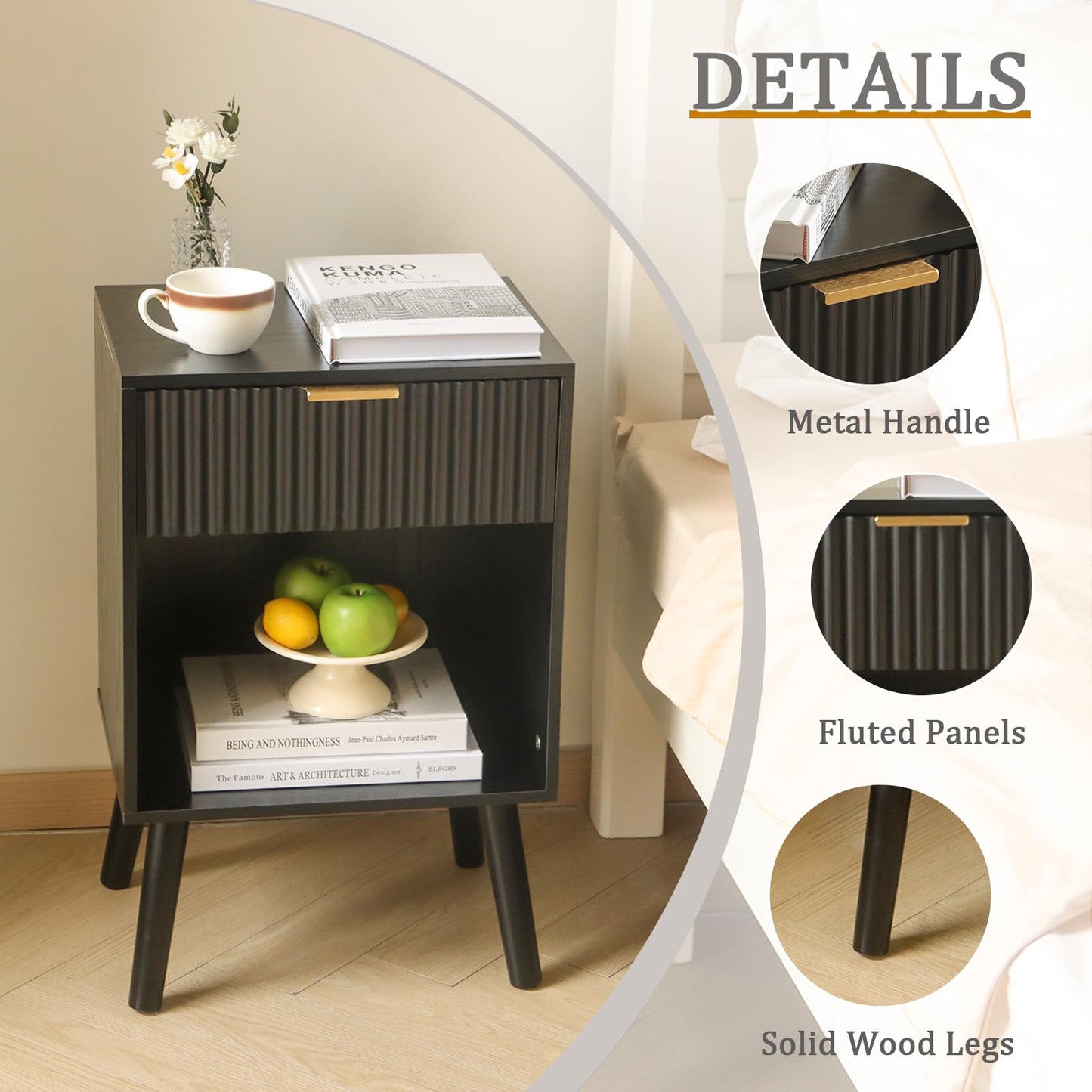 Fultyle Fluted Black Nightstand with Charging Station, Mid Century Modern Bedside Table with Drawers and Outlet,Side Tables Living Room, Wooden Night Stand for Bedroom, Office (Black)
