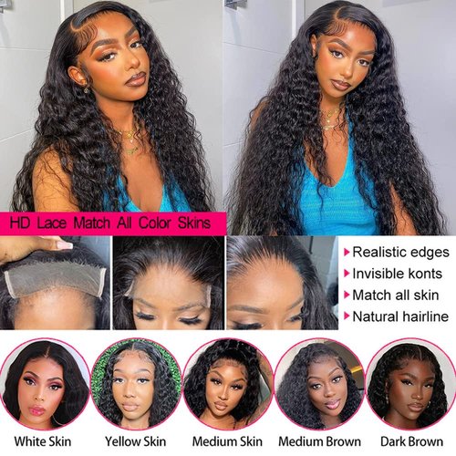 13x4 Deep Wave Human Hair Lace Front Wigs for Black Women Brazilian Virgin Human Hair Deep Curly Lace Front Wigs with Baby Hair Pre Plucked Bleached Knots Natural Color 180% Density 16 Inch