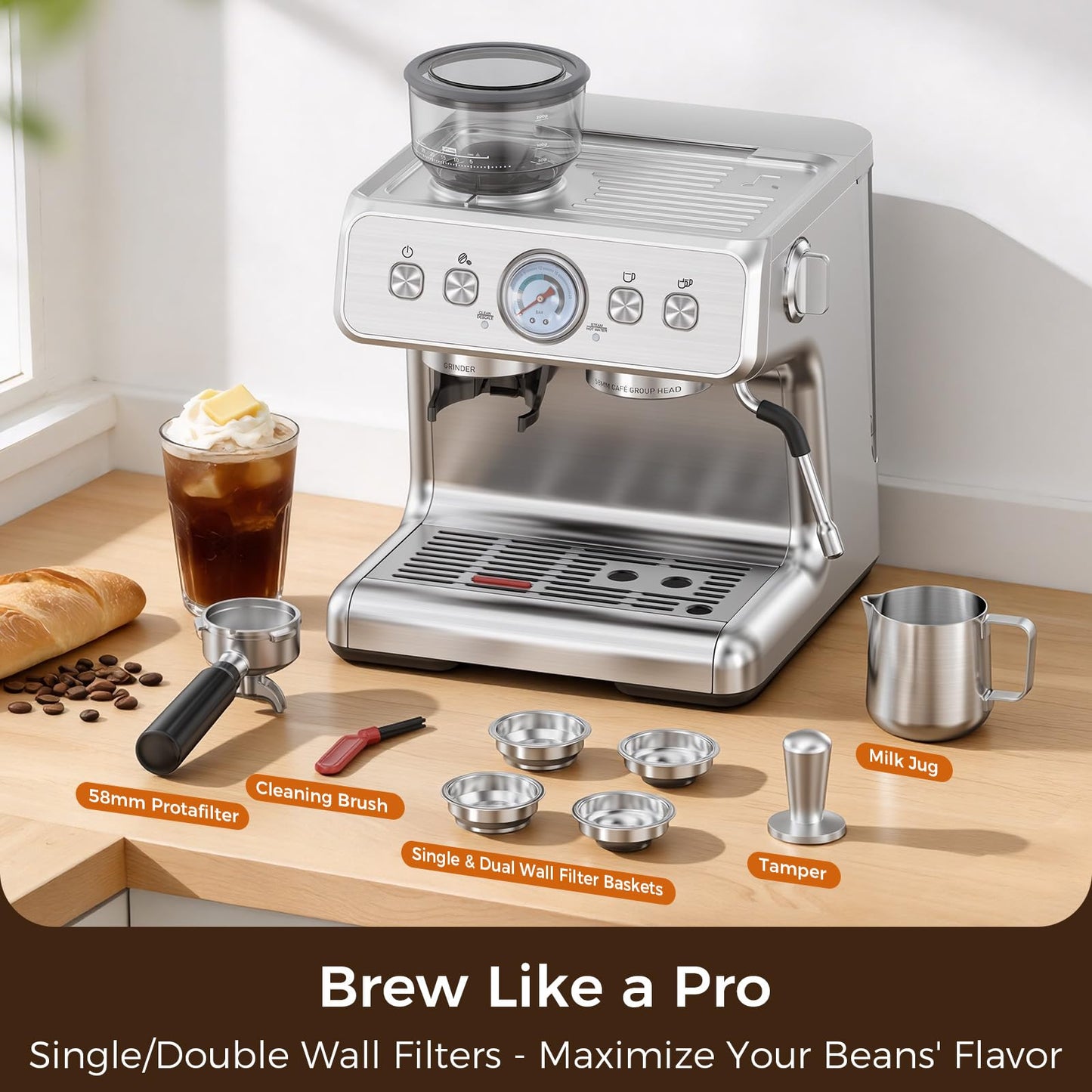 Espresso Machine with Grinder, 20 Bar Expresso Coffee Machines, Professional Coffee Maker for Latte & Cappuccino with Milk Frother, Expresso Machines for Home, Removable Water Tank, Steam Wand-Silver