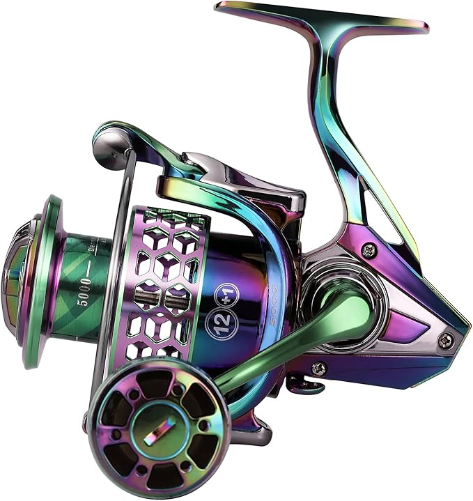 Sougayilang Fishing Reel, Colorful Aluminum Frame Spinning Reels with - 12+1 Stainless BB, Oversize Aluminum Handle for Sa...