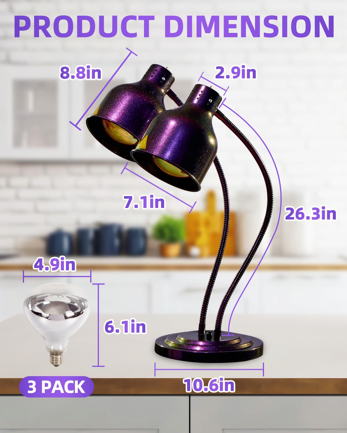 RVGMBO Food Heat Lamp - [3 Bulbs Included] [Rapid-Heating], 500W Commercial Food Warmer Light, Heat Lamp for Food Catering Warming Lamp for Buffet Parties, Purple-Green Gradient