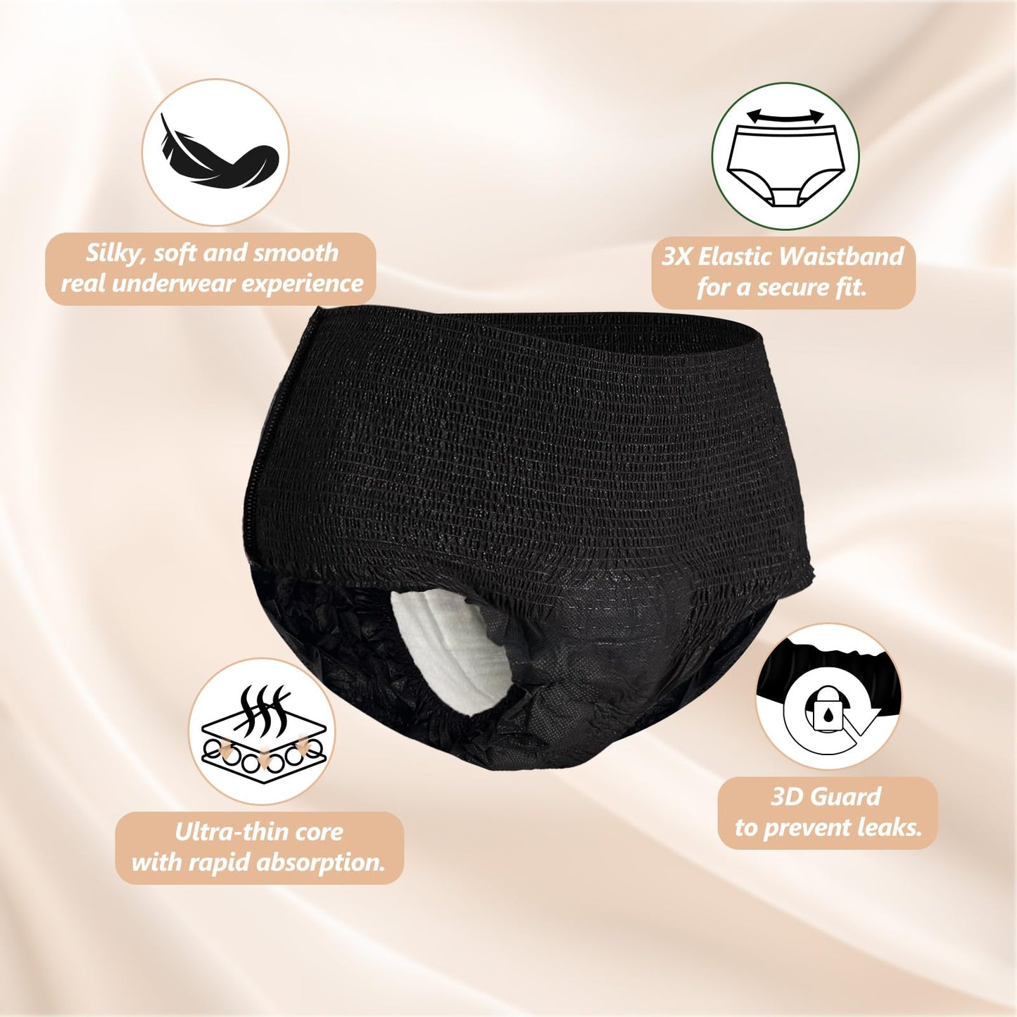 MOLLIS Disposable Period Underwear for Women, Postpartum Panties, Maternity Knickers Heavy Flow Leak Proof, Black,Small/Medium, 8 Count