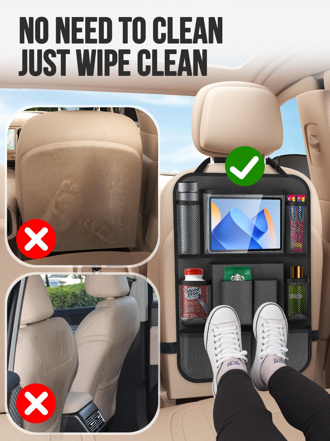 Backseat Car Organizer(20 Storage Pockets),Come with Free 1 Seat Net and 2 Headrest Hook, Touch Screen Tablet Holder, Divider for Driving Safely Children & Pets…, Car Organizer (black)