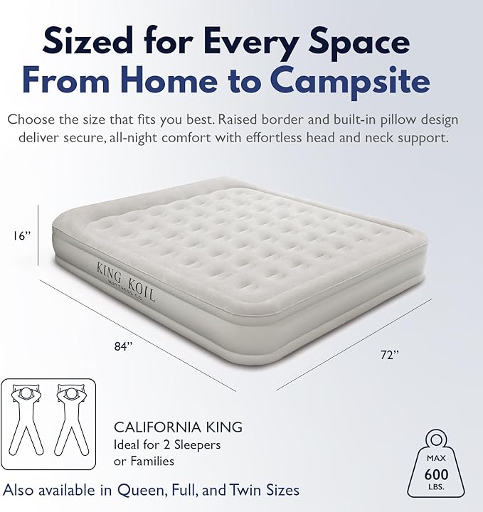 King Koil Luxury California King Air Mattress with Built-in Pump for Home, Camping & Guests - 16” King Size Inflatable Airbed Luxury Double High Adjustable Blow Up Mattress, Durable Waterproof