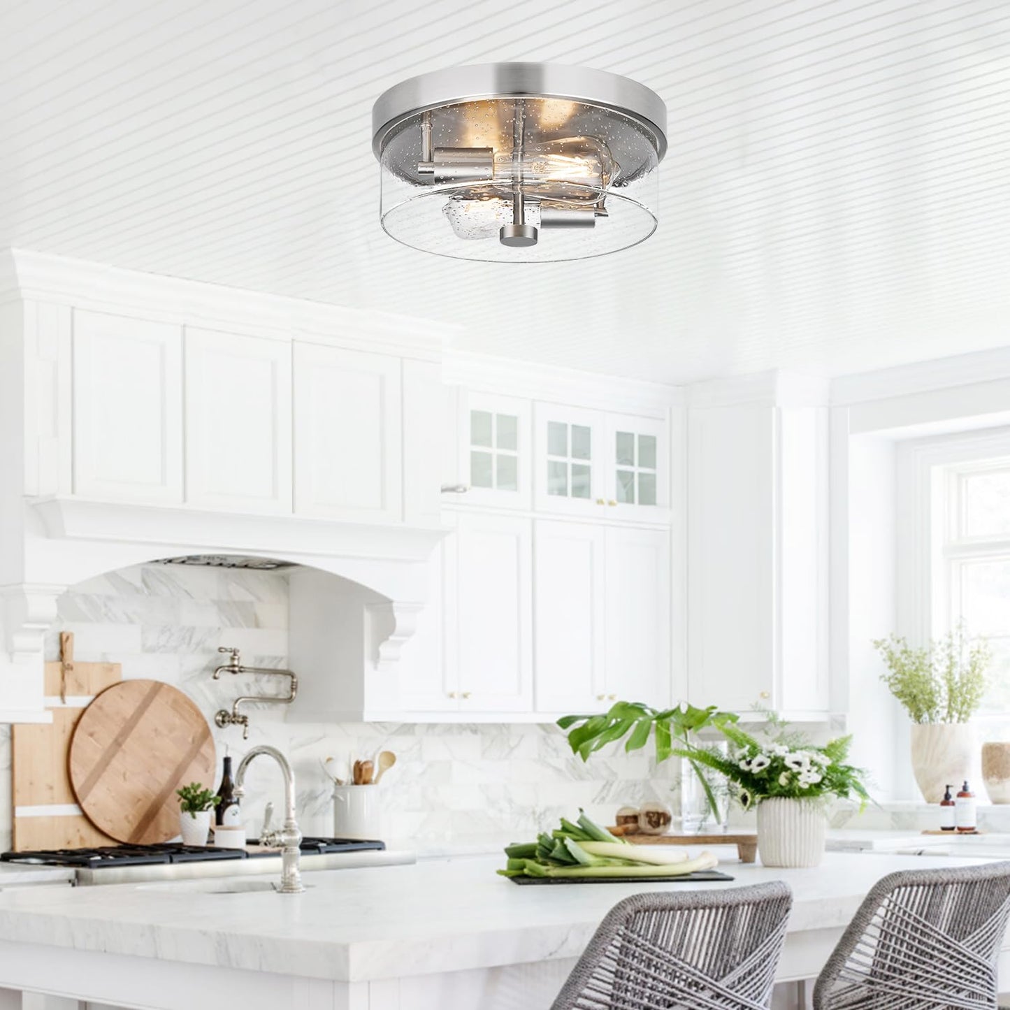 Flush Mount Ceiling Light Fixtures, 2-Light 12 Inch Brushed Nickel Close to Ceiling Light Fixtures with Seeded Glass Shade Ceiling Light Fixture for Porch, Hallway, Bathroom, Dining Room and Foyer