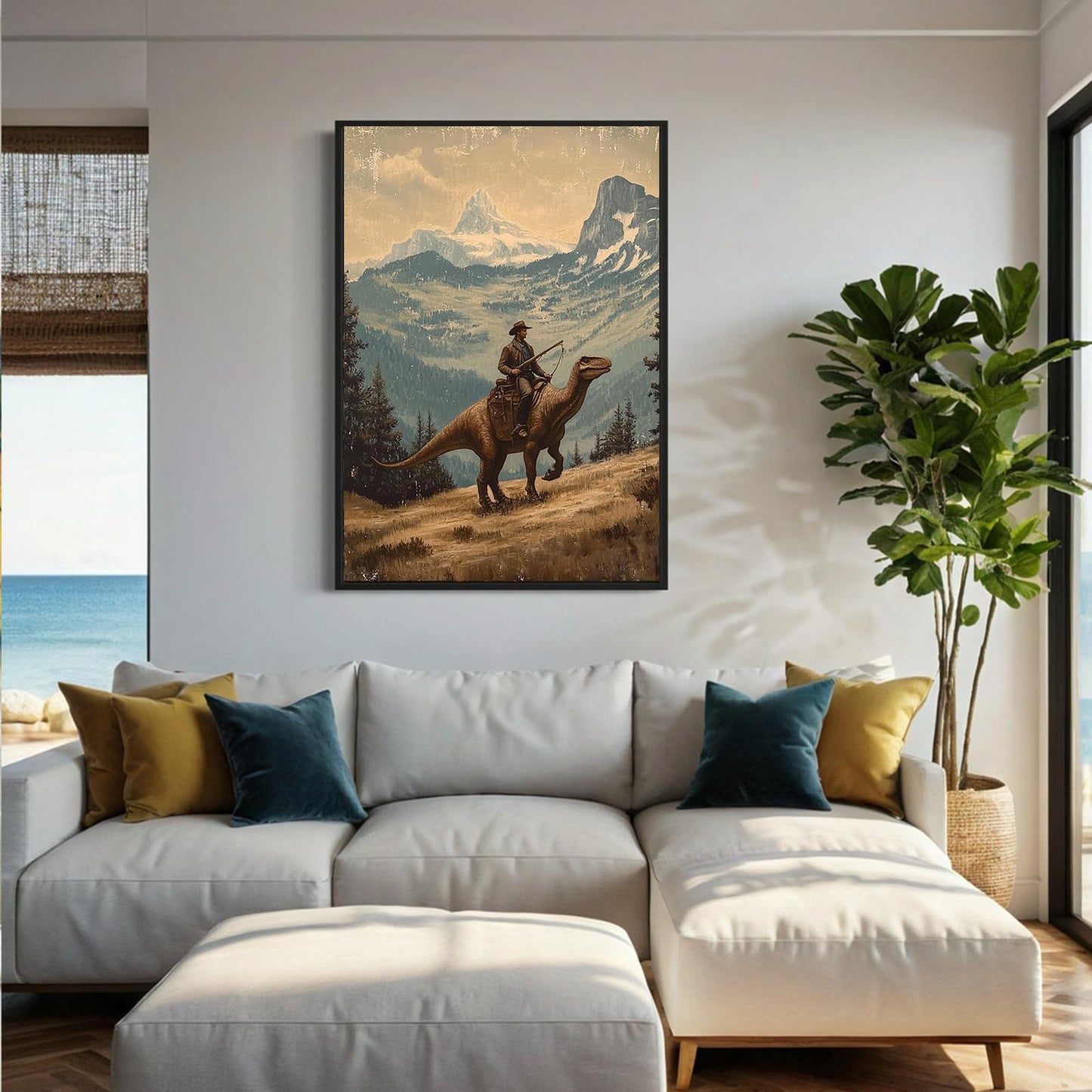 Eeuqiauot Dinosaur Wall Art Vintage Landscape Poster Western Vintage Style Wall Art Cowboy Riding Dinosaur Gothic Art Print Cowboy Vintage Wall Art Mountain Forest Poster Painting 16x24inch Unframed
