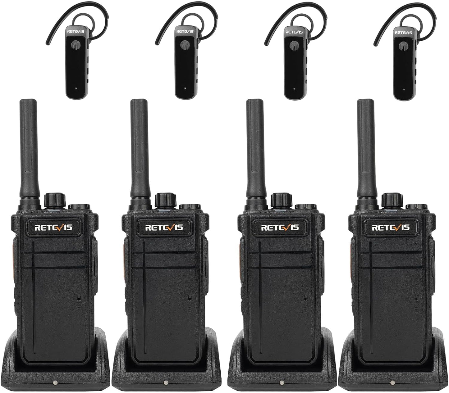 Retevis RB37 Bluetooth Walkie Talkies, 2000mAh, 120h Standby, Wireless Earpiece, Flashlight, Black, 4 Pack