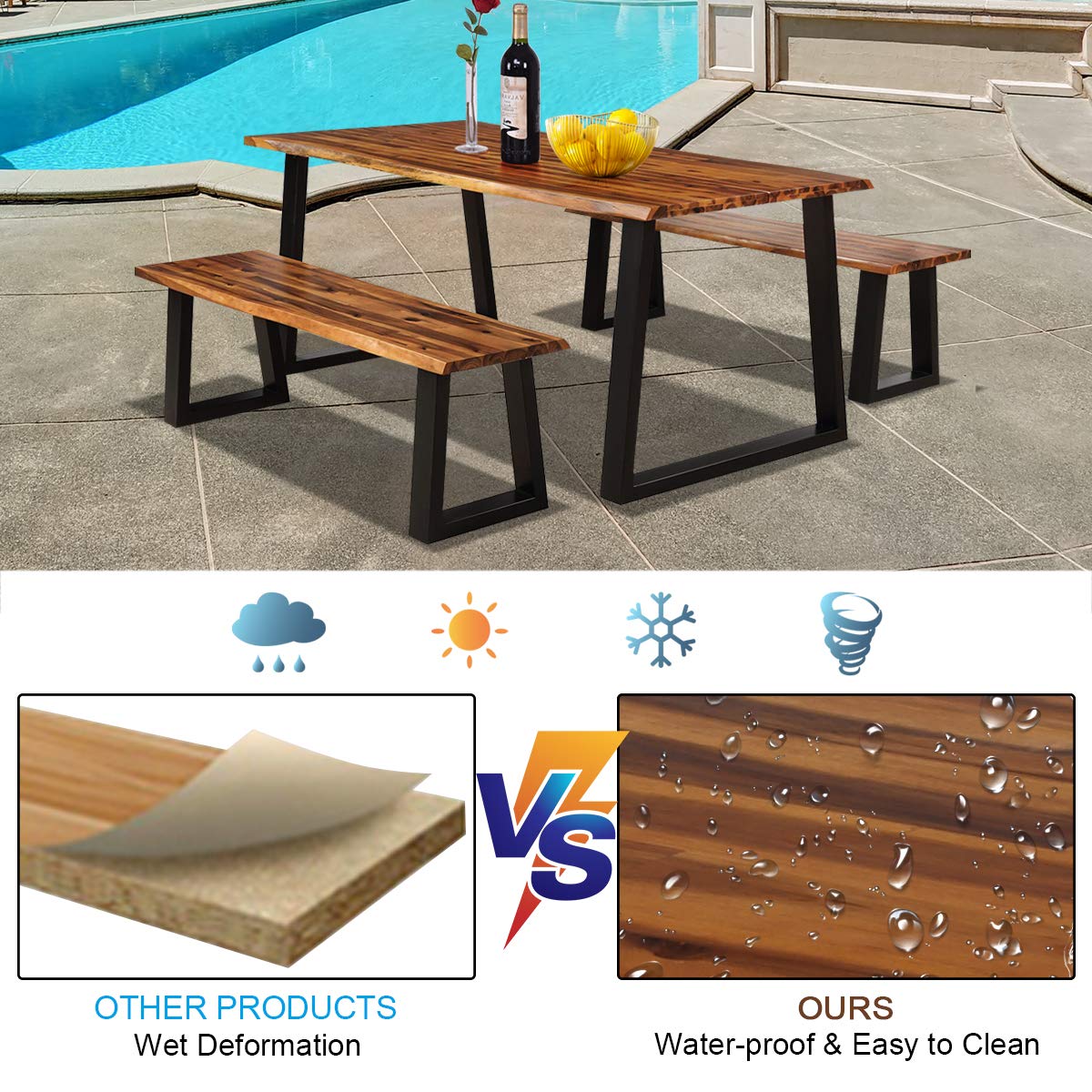 Giantex 3PCS Wooden Dining Set Bench Chair Rustic Indoor &Outdoor Furniture (Rustic Brown&Black)