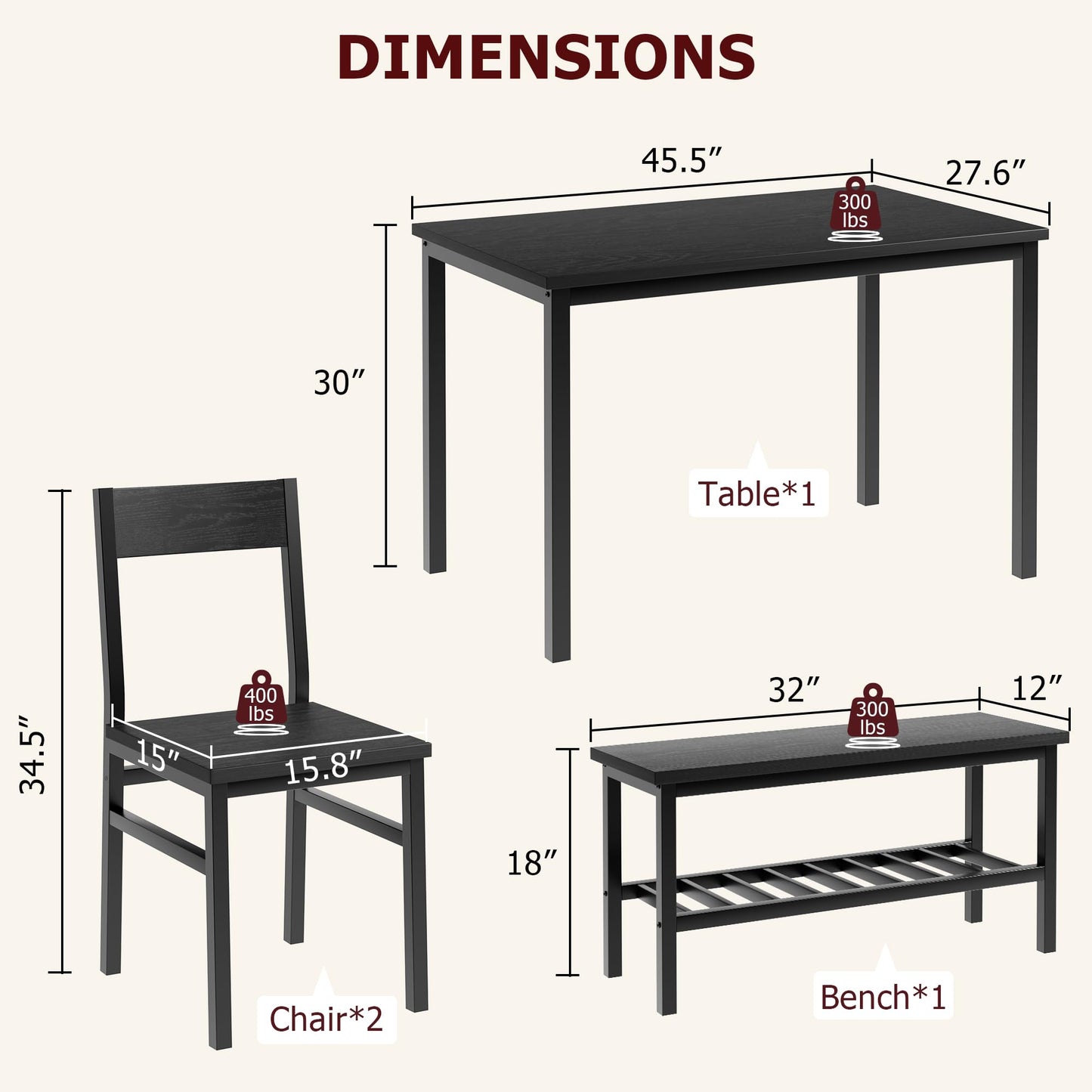 GarveeHome Dining Table Set for 4, Modern Kitchen Table with Chairs and Bench for Small Space, 4-Person Dining Room Table Set with Metal Frame and Storage Rack, Dinette Set for Apartment