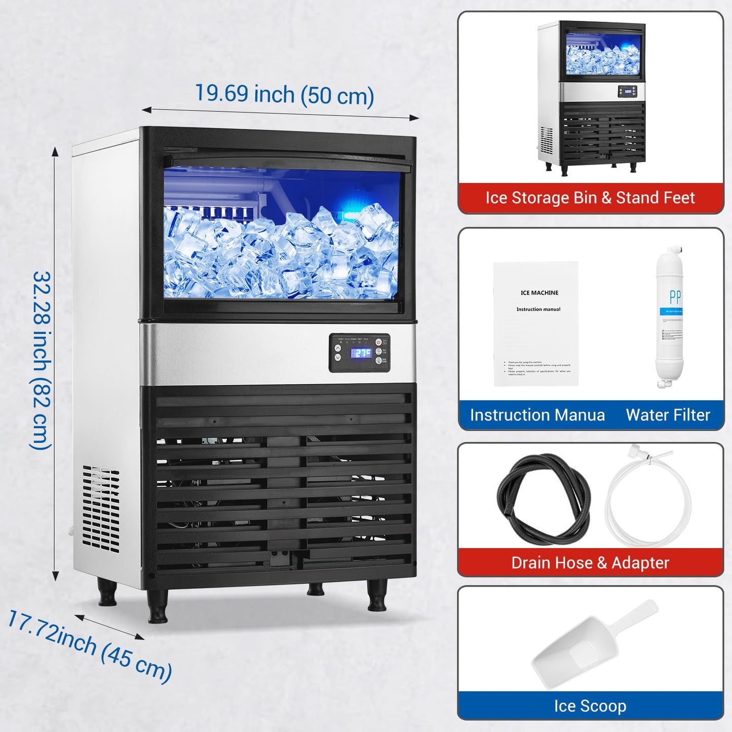 Commercial Ice Maker Machine, 150 Lbs/24H Ice Machine with 30 Lbs Storage Bin, Under Counter Ice Maker Machine with with Led Digital Display, Auto-Clean, Blue Light, Ideal for Home, Restaurant, Bar