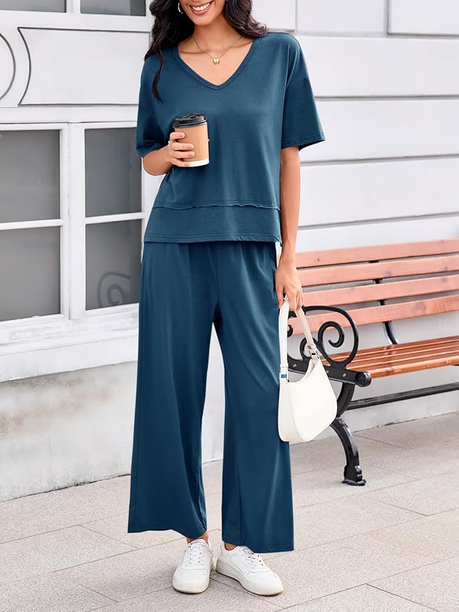 Tankaneo Womens 2 Piece Sets Casual Tracksuits Short Sleeve Tops Wide Leg Pants Outfits Lounge Sets