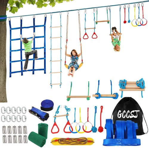 65FT Ninja Warrior Obstacle Course for Kids with 12 Obstacle Course Accessories-Swings, Monkey Bars, Arm Trainers and More, Suitable for Boys and Girls Over 3 Years Old-440 lbs Weight Capacit