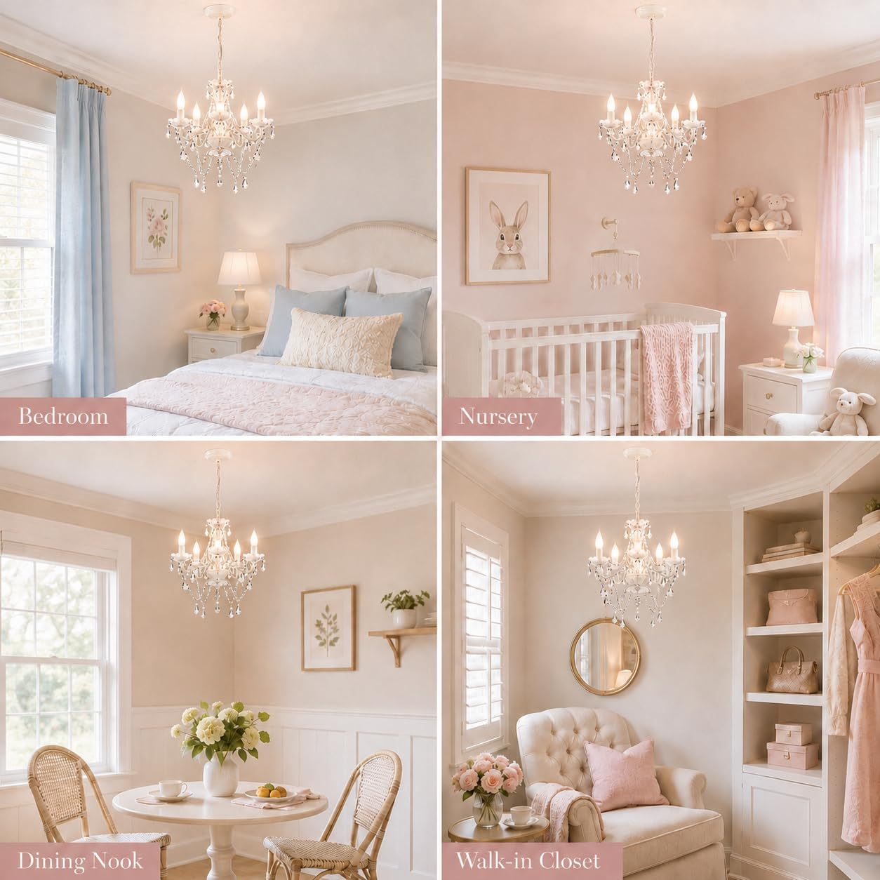 Antique House Small White 5-Light Crystal Chandelier, Modern Glass Chandelier Lighting Fixture, Small Chandelier for Bedroom, Dining Room, Living Room, Kitchen, Foyer, Girls Room Ceiling Light