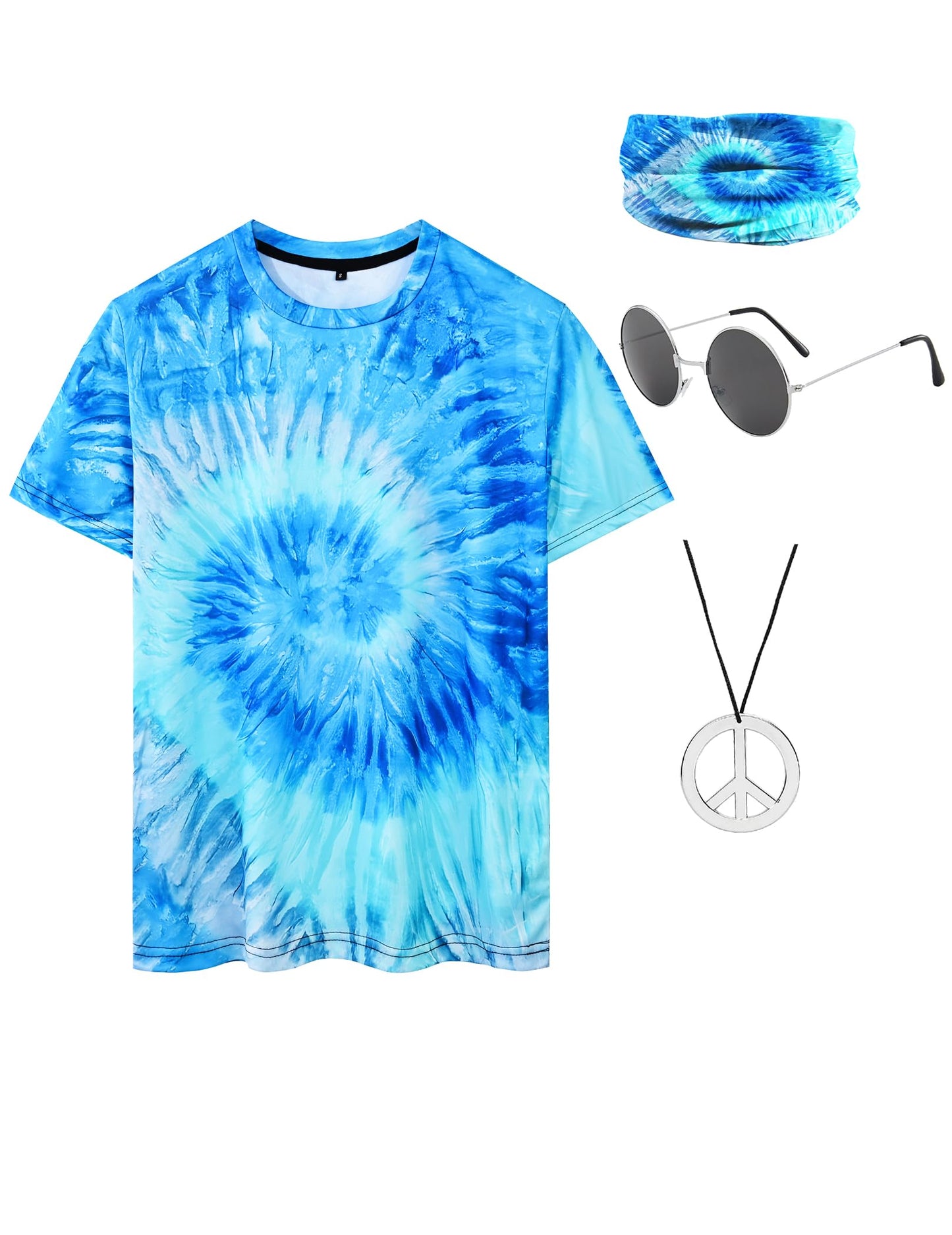Inrajoper Hippie Costume for Men 60s 70s Colorful T-Shirt Outfits 4 PCS Accessories Set for Theme Party Blue X-Large