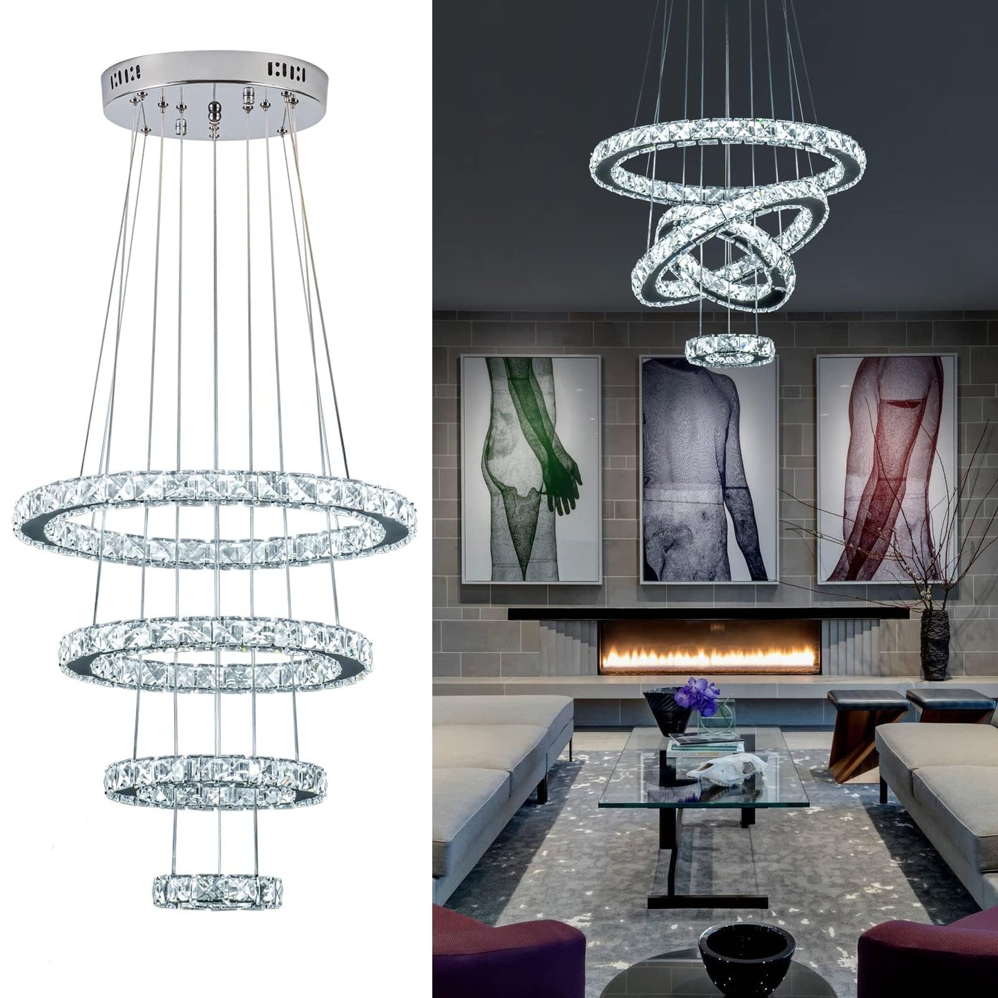 KKMYWAN Modern Crystal Chandelier, Dimmable 4 Rings LED Linear Chandelier Dining Room Light Fixture with Remote for Dining Room, Entryway, Bedroom,Living Room and Foyer Size: Ø5.5+9.4"+13.4"+17.3"