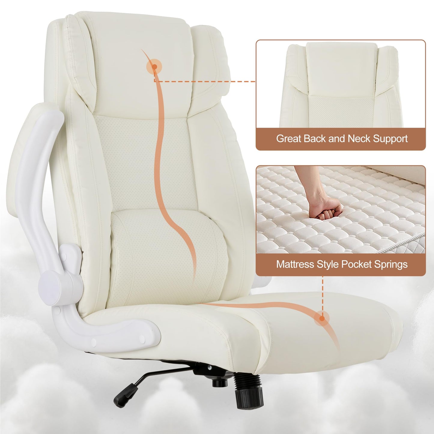 BOWTHY Mid Back Executive Leather Chair,Ergonomic Home Office Chairs,Comfy Computer Desk Chair with Adjustable Flip-Up Arms and Rocking Function (Beige)