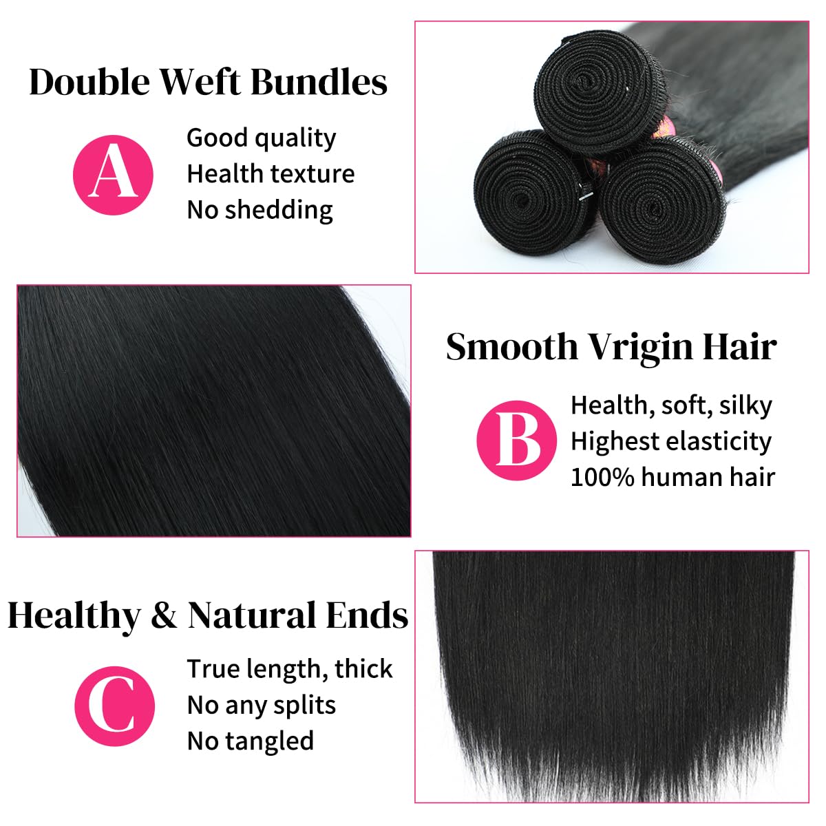 20 22 24 Inch 3 Bundles Human Hair Straight 12A 100% Unprocessed Brazilian Virgin Human Hair Bundlles Straight Natural Black, Tr