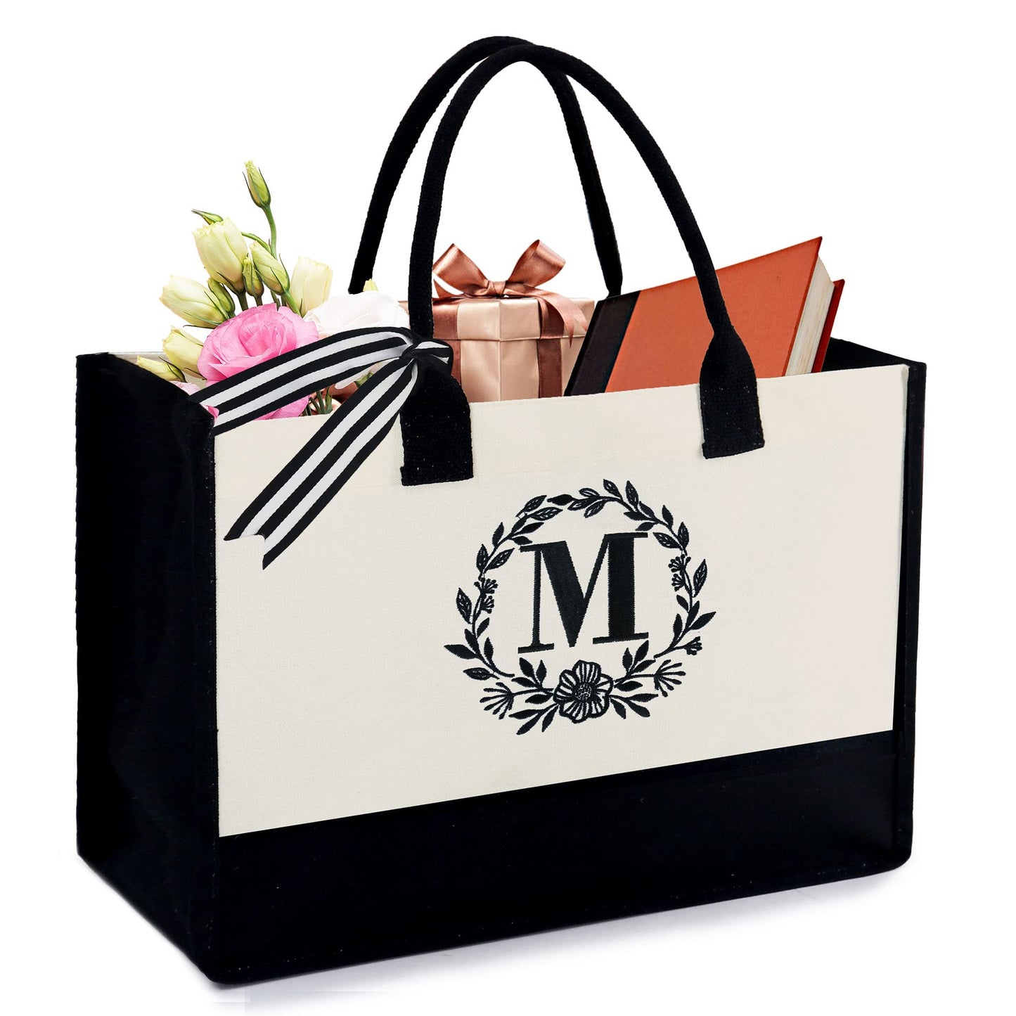 BeeGreen Embroidery Initial Canvas Tote Bag Monogram Personalized Gifts Bags for Birthday Beach Wedding Work Large Unique Baskets for Women, Teacher, Mom, Friend, Bride, Bridesmaids Sister Nurse M