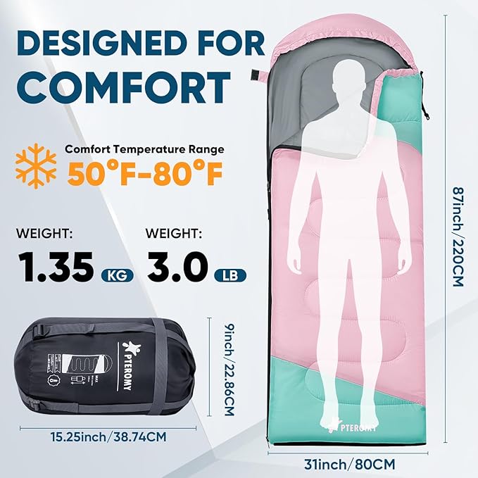 PTEROMY Sleeping Bags for Adults, Lightweight and Machine Washable, Water Resistant Backpacking Camping Sleeping Bag for Warm Cold Weather, Camping Essentials for Hiking Travel