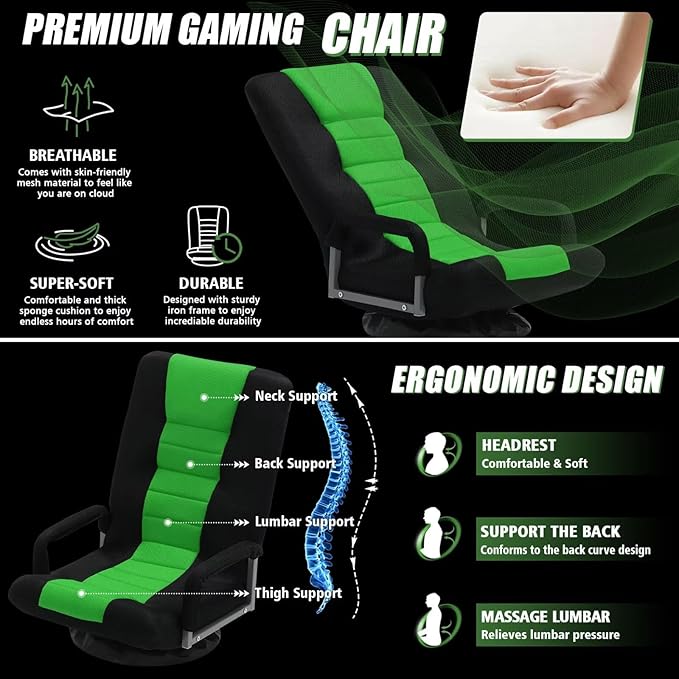 ACIPENSER Swivel Gaming Chair Multipurpose Floor Gaming Chair for Playing Video Games, TV, Reading w/Armrest Lumbar Support & 6 Adjustable Postion Backrest for Adults & Kids,Green