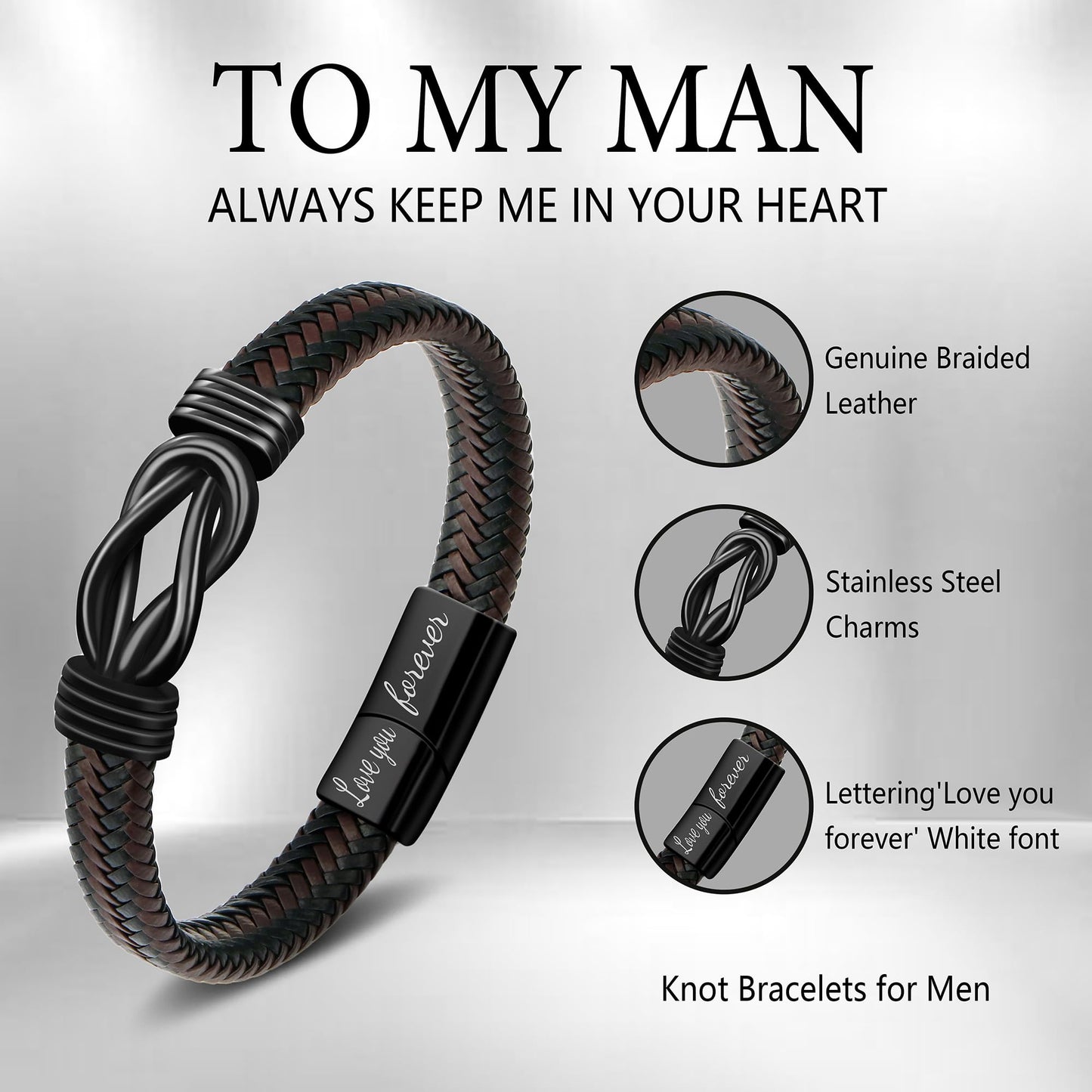 JoycuFF Anniversary Birthday Gifts Bracelets for Men Him Husband Boyfriend from Wife Girlfriend, Husband Boyfriend Gifts Ideas, Christmas Valentines Fathers Day Unique Mens Leather Knot Bracelet