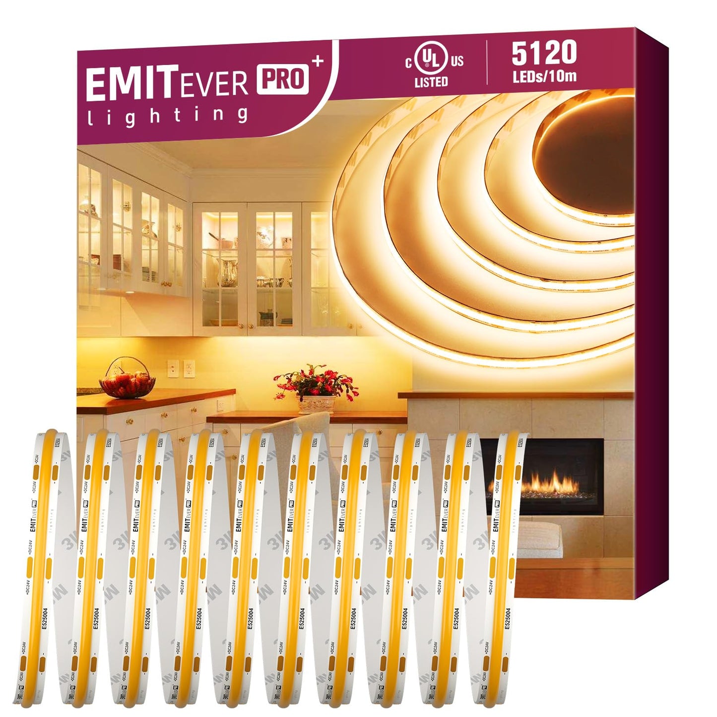 EMITEVER COB LED Strip Lights Warm White, 2700K Tape Light Premium High Density, DC 24V, 400+Lumens/ft, 5120LEDs/Spool, Ra 90+, 32.8ft/10m,UL Listed 5 Year After-Service(Power Supply Sold Separately)