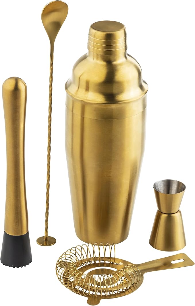 TableCraft 11779 5-Piece Bar Kit Gold – Stainless Steel Cocktail Shaker Set with 24 oz Shaker, Jigger, Strainer, Muddler &...