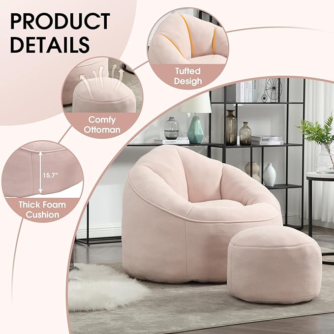Sudwesto Bean Bag Chair for Adult, Microfiber Upholstered Bean Bag Sofa with Petal Back, Shell-Shaped Beanbag Chair with Footstool, Memory Foam Stuffed Lazy Sofa for Living Room, Bedroom (Pink)