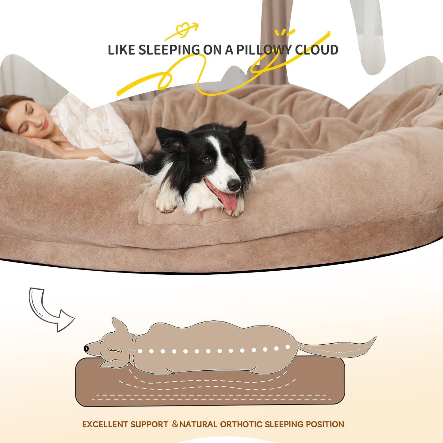 Fvkind Human Dog Bed for Adults, 71"x51"x12" Washable Orthopedic Size, Faux Fur Removable, Cozy Large Present with Blanket and Pillow, Khaki