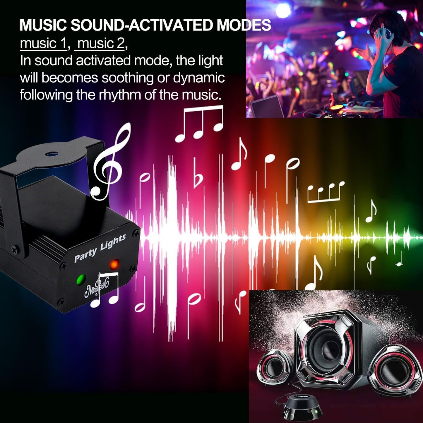 KOOT Party Lights Dj Disco Light with Pattern Projection and Sound Activated, Strobe Stage Lighting for Parties Indoor Dance Birthday Rave Bar Karaoke Christmas Wedding Show Club