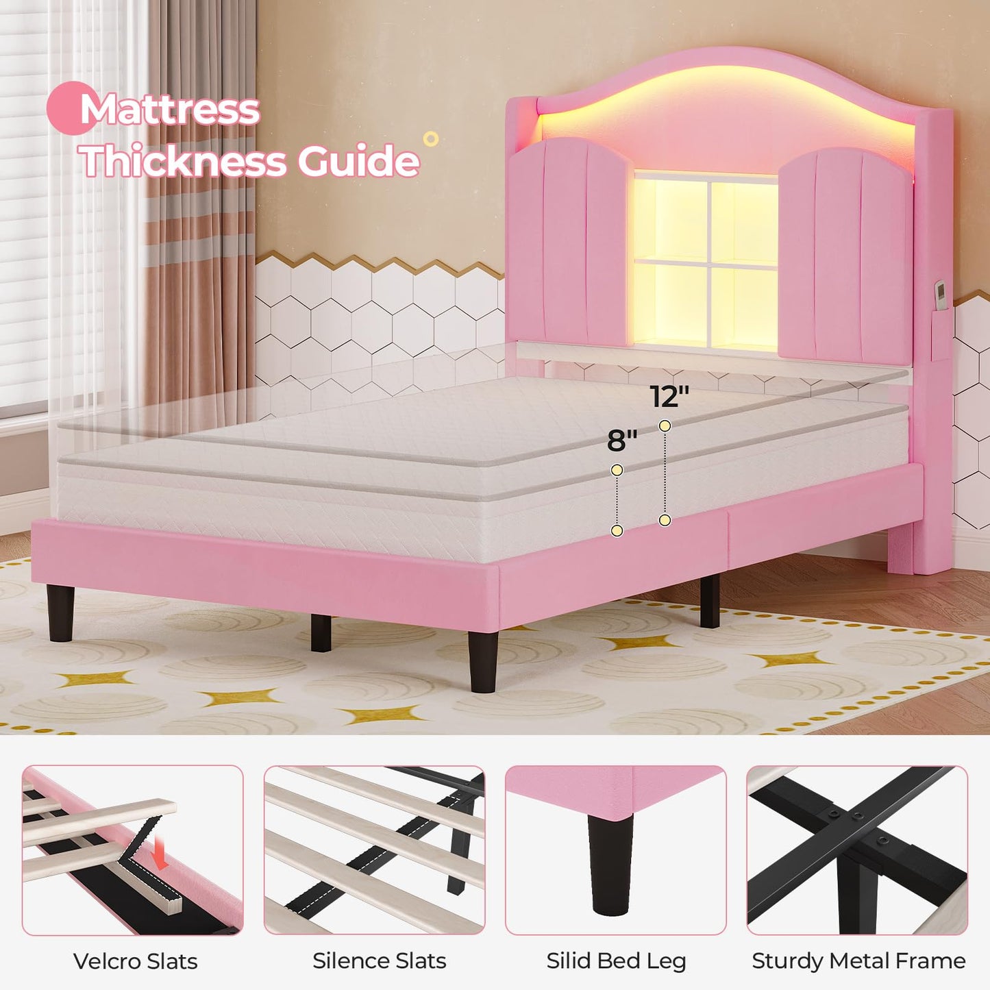 BTHFST Twin Girl Bed with LED Lights & Charging Station, Upholstered Storage Headboard Platform Twin Size Princess Bed Frame, No Box Spring Needed/Noise-Free/Easy Assembly, Pink