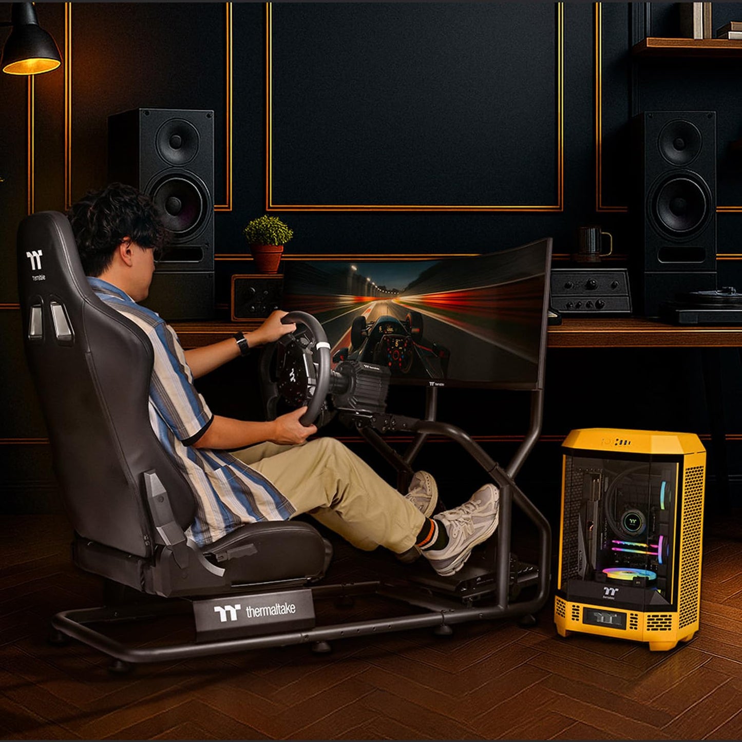 Thermaltake GR300 Racing Simulator Cockpit; Adjustable PVC Seat; Adjustable Pedal & Wheel Mounts; Shifter Mount Included; Compatible with Thrustmaster/Logitech Fanatec; GSC-R30-CPASBB-01
