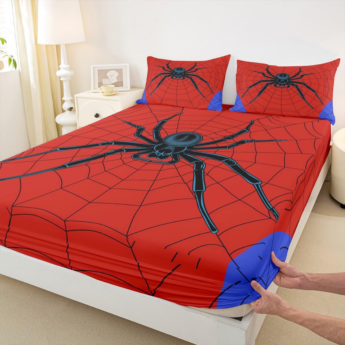 Spider Web Kids Sheet Queen Size,Black Spider Arachnid Insect Animals Bedding Set,Boys Girls Women Men Room Decor,Happy Halloween Red Blue Fashion Bed Sheet Set 4pcs(Fitted + Flat + 2 Pillowcases)