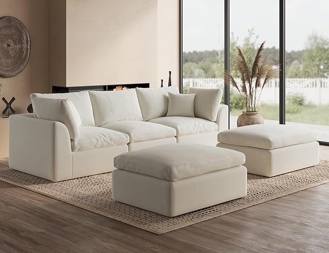 ohllob 110" Cloud Sectional Couches for Living Room, Boneless U Shaped Couch with Ottoman, 3 Seater Modular Sectional Sofa, Warm White