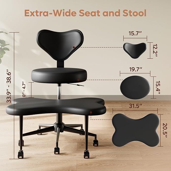 Nost & Host Cross Legged Office Chair with Wheels, 4INCH ADHD Chair for Adults, Meditation Chair, Height Adjustable Seat, Yoga Chair, PU Leather, Black