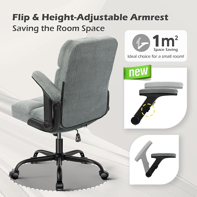SEATZONE Home Office Executive Desk Chair with Wheels,Comfortable Ergonomic Flip-up Armrest Adjustable Swivel Computer Desk Chair,Grey