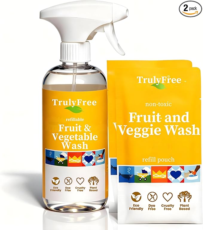 Truly Free Fruit and Vegetable Wash - Veggie Wash Removes 99% of Dirt & Wax | Plant-Based Produce Cleaner Spray | No Aftertaste, Refillable, Made in USA | Fragrance-Free, 16oz