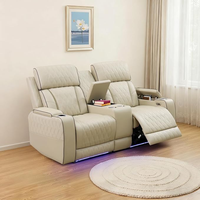 Caberryne Power Recliner Sofa with LED Lights,Leather Reclining Loveseat with Double Recliner/USB Port/Storage Console/Cup Holder for House/Home Theater(2 Seater Loveseat,Paddy)