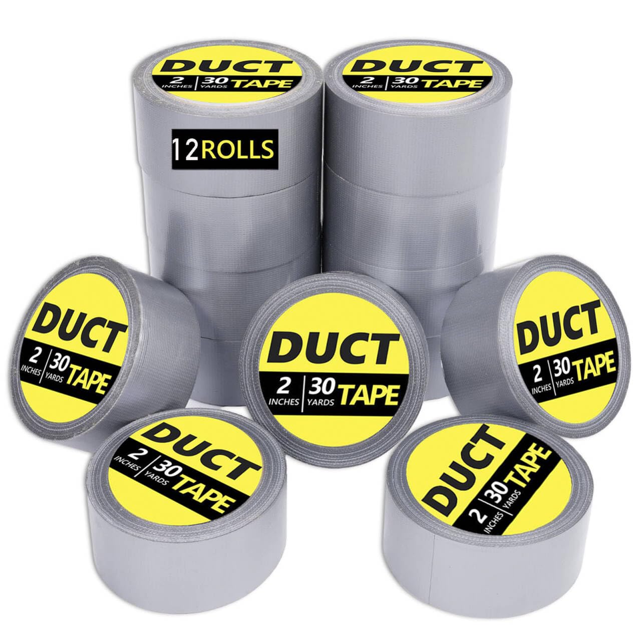 Duct Tape Heavy Duty Waterproof, 30 Yards x 2 Inch, 12 Roll Pack Duct Tape Bulk, Strong, All-Weather, No Residue, Silver