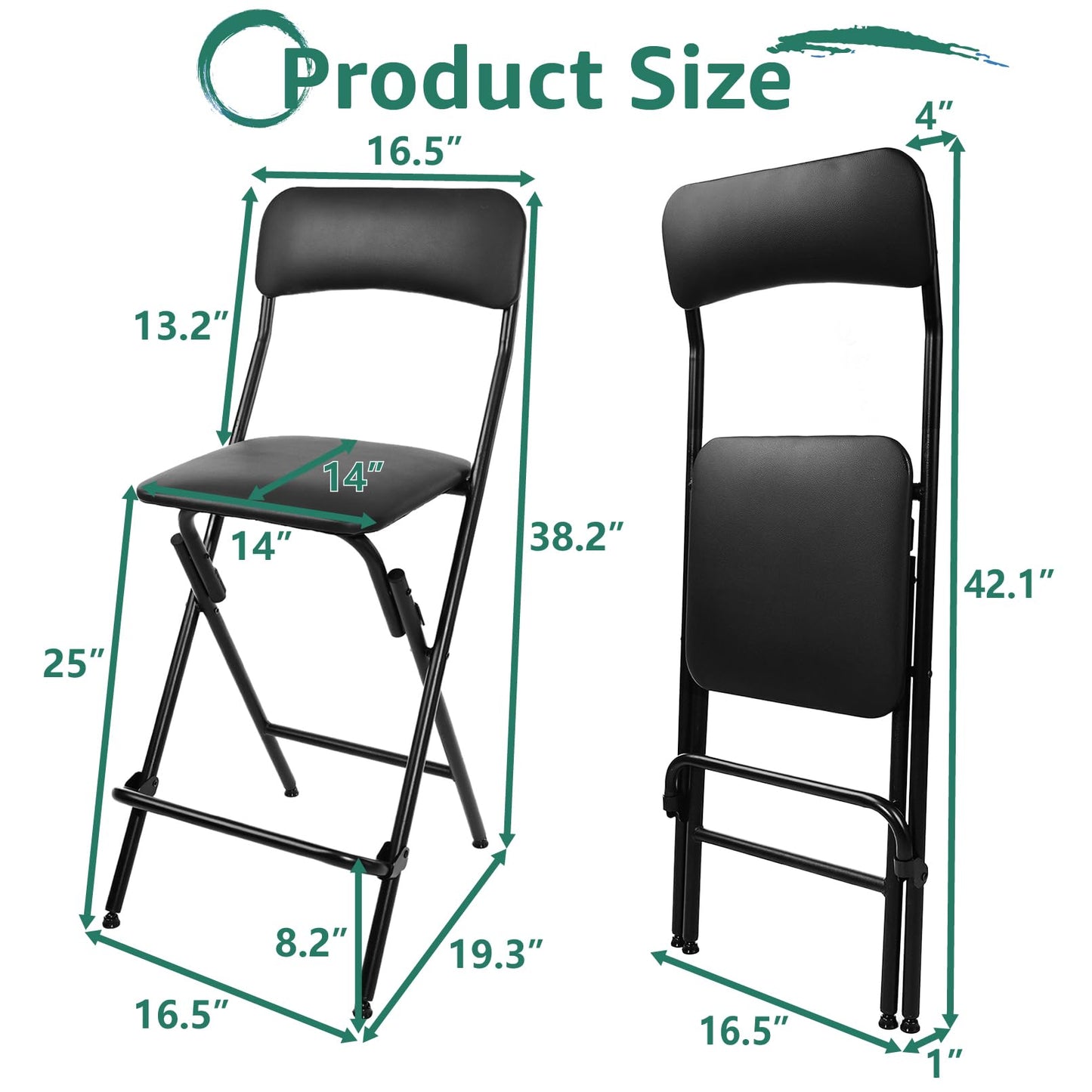 V&LX Folding Bar Stool with Backrest Leather Padded Portable Folding Stool Chair Counter Height Foldable Collapsible Stool for Kitchen Bar 2 Pack (Black, 25" H 2Pack)