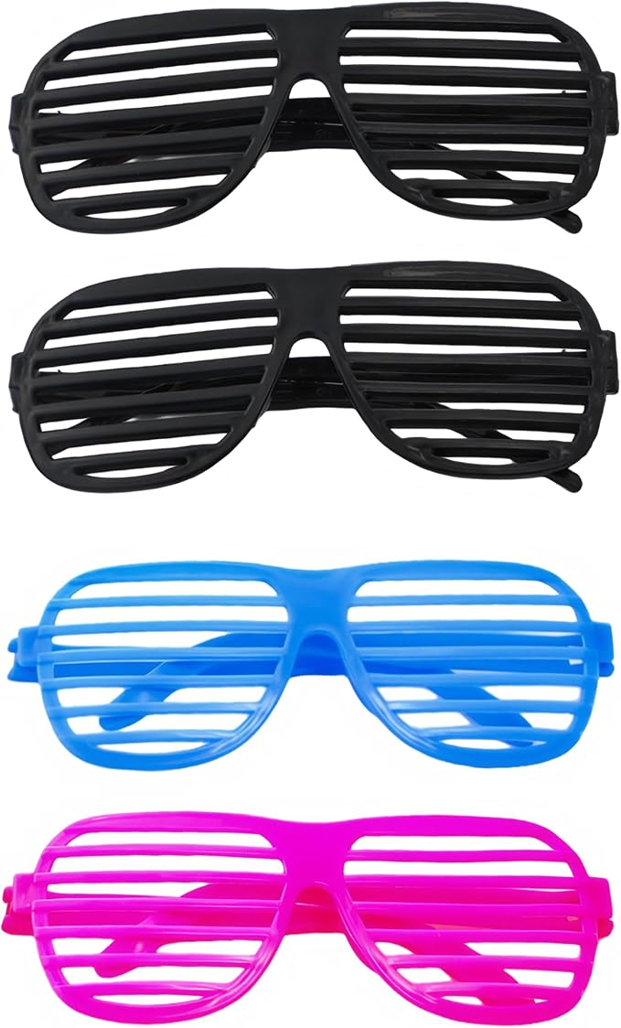 4 Pack Black & Neon Shutter Shades Glasses Retro Slotted Fun Eyewear 80s 90s Party Favors Birthday Photo Booth Props Festi...