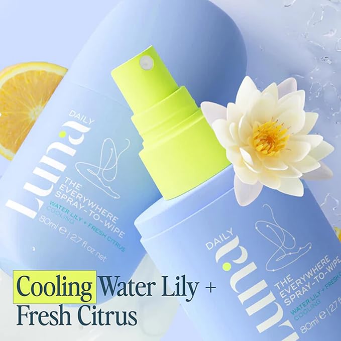 Luna Daily The Everywhere Spray-To-Wipe | Cooling Body Mist & Hydrating pH-Balanced Feminine Care | Cooling Water Lily + Fresh Citrus | Anti-Chafing & Odor Control 80ml