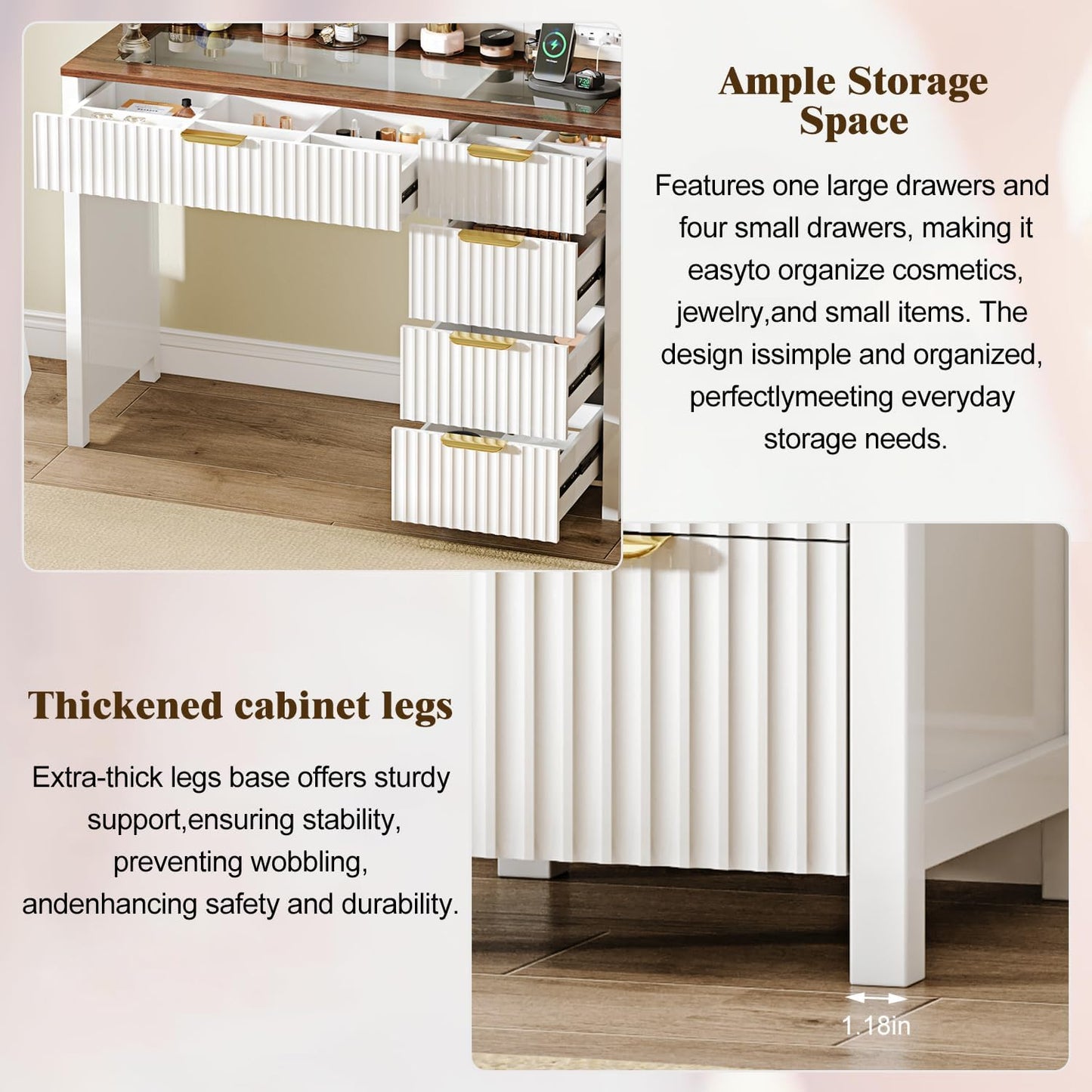 Arulvmrn 43" Large Vanity Desk with 30" HD Lighted Mirror,Modern Vanity Desk with Mirror and Lights, Makeup Vanity with 5 Drawers and Storage Shelves and Charging Station, White2300