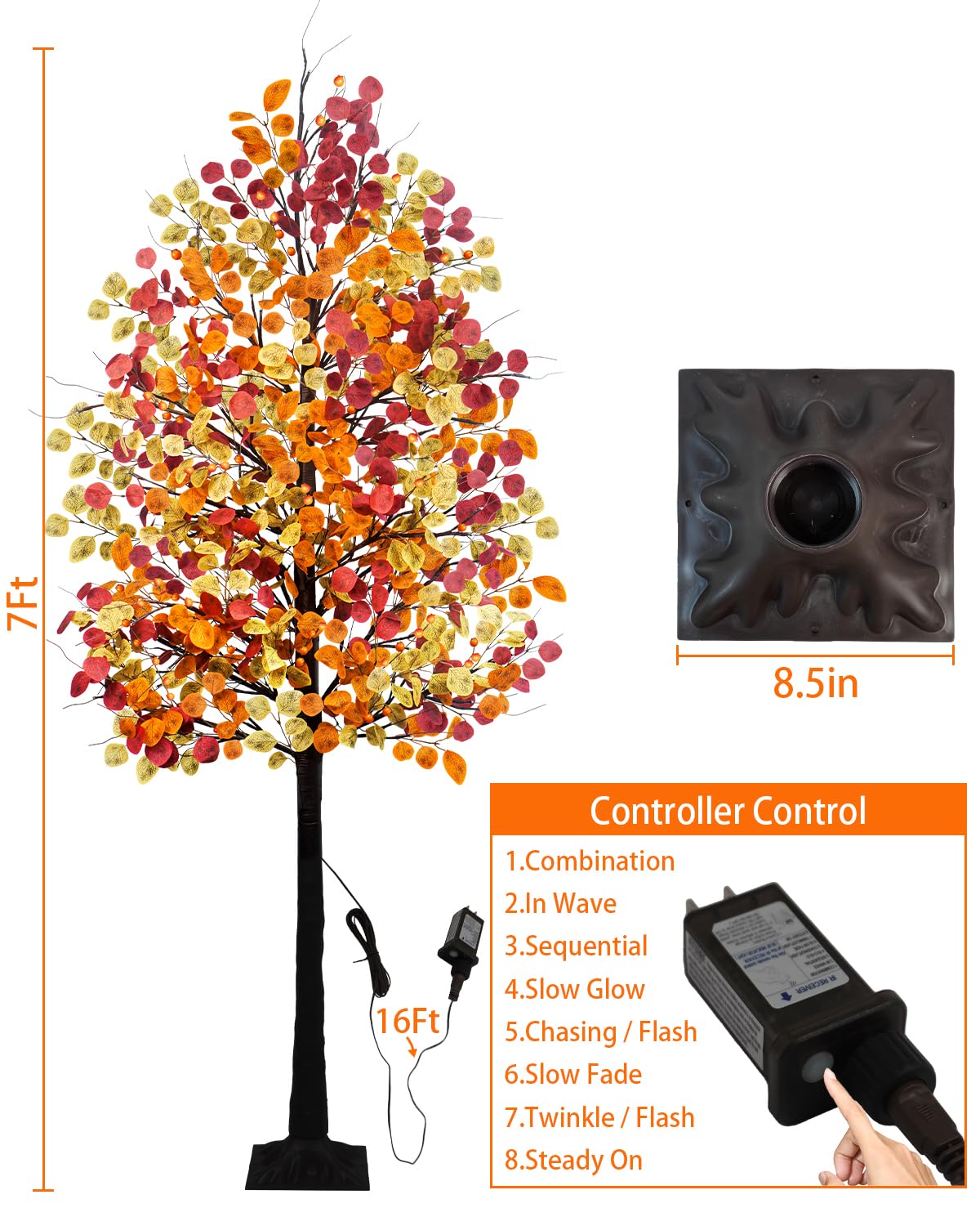 Agusbagli 7FT 128LED Artificial Lighted Fall Eucalyptus Tree, Fall Decorations for Home with Timer Dimmable 8 Modes Fall Light Up Tree with 768 Leaves for Indoor Outdoor Autumn Thanksgiving Decor