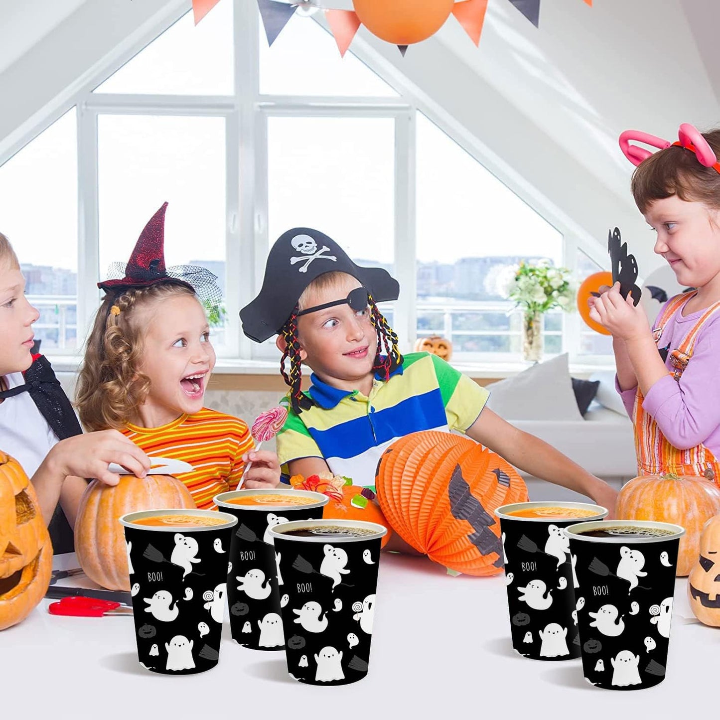 AIBIIN 50 PCS Halloween Party Paper Cups 16 oz Black White Ghost Coffee Cups Cute Halloween Disposable Cold Hot Chocolate Paper Coffee Cup Decorations Boo Ghost Table Party Supplies Decorations